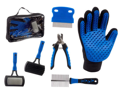 Kit de 6 peças para higiene e cuidados com animais de estimação – escovas, luva e ferramentas para unhas.