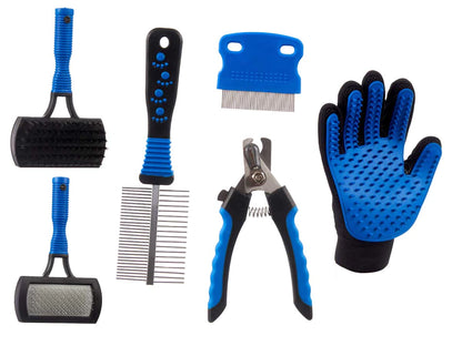 Kit de 6 peças para higiene e cuidados com animais de estimação – escovas, luva e ferramentas para unhas.