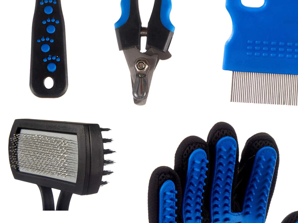 Kit de 6 peças para higiene e cuidados com animais de estimação – escovas, luva e ferramentas para unhas.